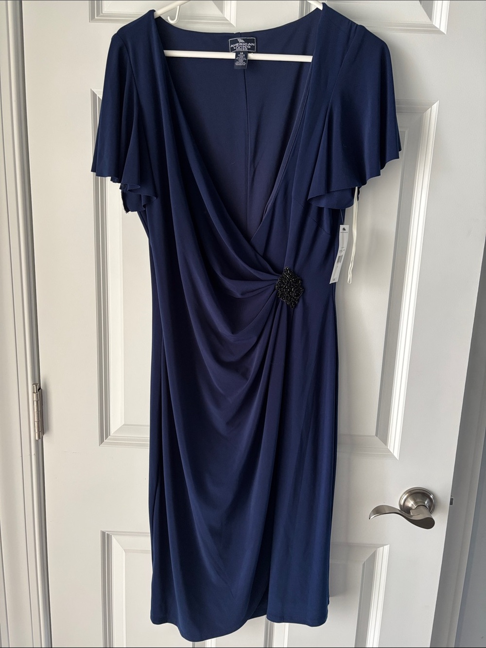American Living Navy Draped V‑Neck Midi Dress with Beaded Accent